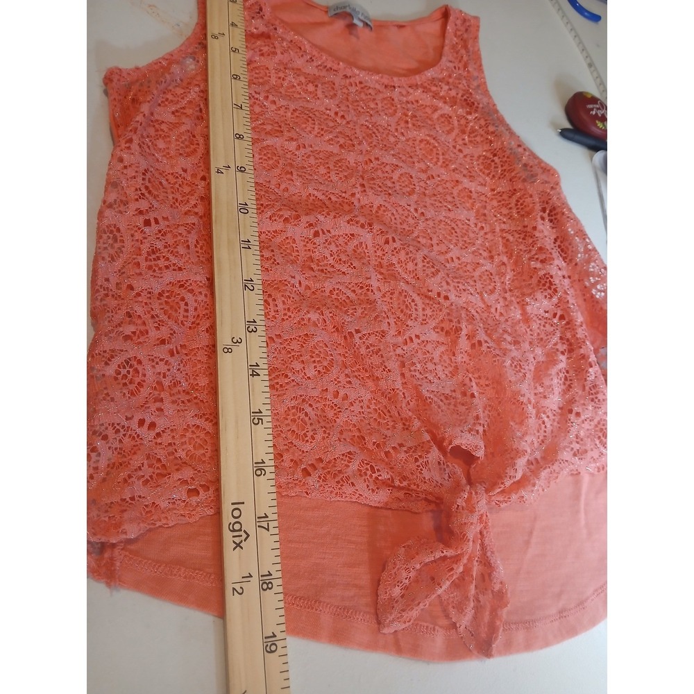 Charlotte Russe Coral Lace Tie Front Tank Top Glitter Mesh Size Juniors Medium - Picture 6 of 10